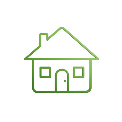 Icono minimalista de una casa con contorno verde, dos ventanas y chimenea sobre un fondo blanco con sombra suave.