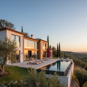 Fachada de chalet moderno con servicios de pintura exterior en blanco puro y acabados de alta calidad. A través de los ventanales se aprecia la aplicación de pintura plástica lisa en interiores, resaltando paredes impecables en tonos neutros que combinan con el entorno de la piscina y los olivos.