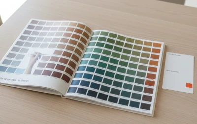 Catálogo profesional abierto que muestra una amplia paleta de colores con decenas de muestras de tonos tierra y verdes. Una mano sostiene un pincel sobre los marrones, mientras un círculo rojo resalta un tono óxido oscuro seleccionado en la página opuesta.