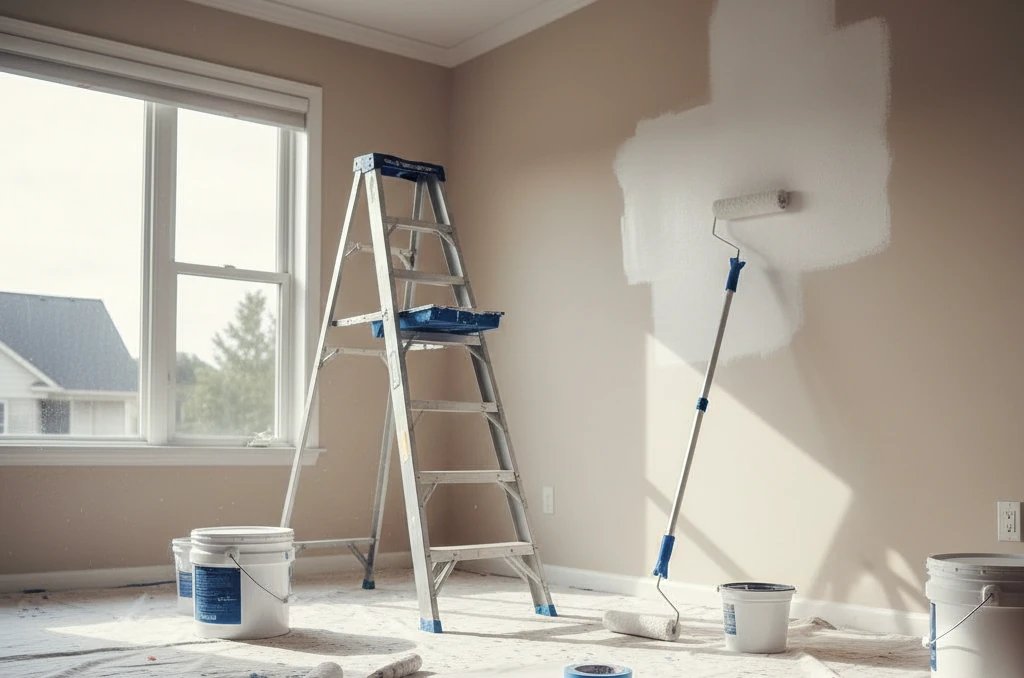 habitación de una casa con herramientas de pintores para pintar pisos y apartamentos