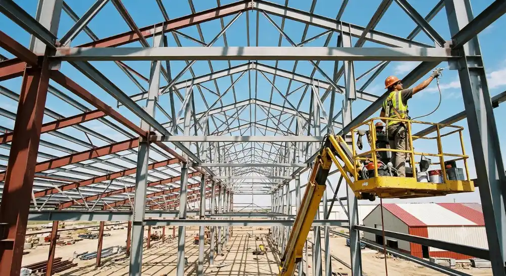 Operario en plataforma elevadora usando pistola de pulverización para pintar estructuras metálicas de una nave industrial.