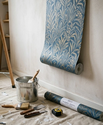 Rollo de papel vinílico con estampado botánico azul colocado junto a herramientas y cubo de cola en el suelo