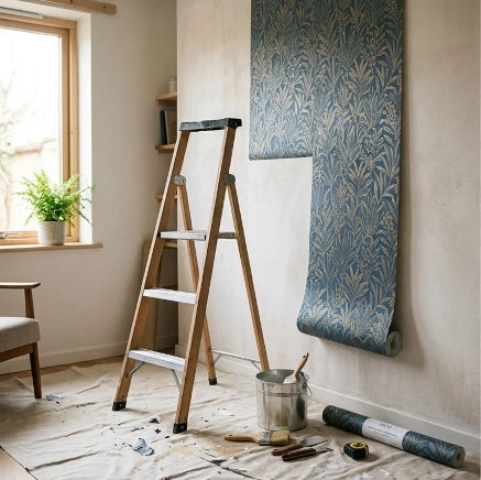 Herramientas y tiras de papel decorativo en la pared durante el proceso de empapelar una habitación