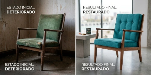 Antes y después del trabajo de un pintor de muebles de madera en un sillón restaurado y tapizado en turquesa
