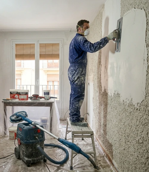 Operario sobre taburete aplicando pasta con llana para quitar gotelé de una pared con textura rugosa, con aspirador industrial cerca