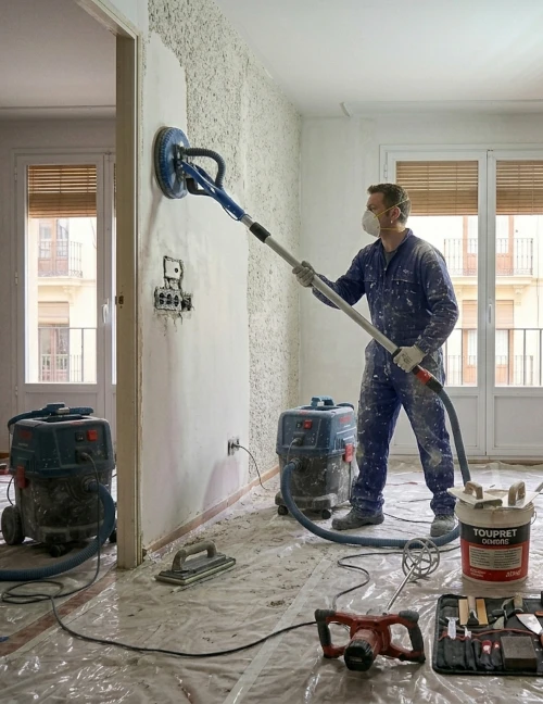 Operario utilizando una lijadora de jirafa profesional para lijar y quitar gotelé de una pared en reforma